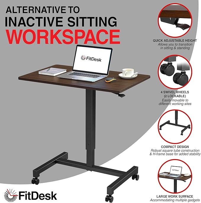 FitDesk Portable Laptop Desk, Rolling Standing Workstation Adjustable Height - Image 3