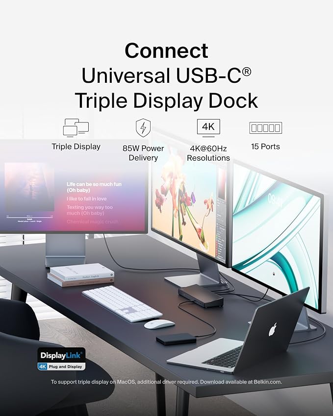 Belkin 15-in-1 Universal Triple Display DisplayLink Docking Station Hub w/ 3 - Image 2