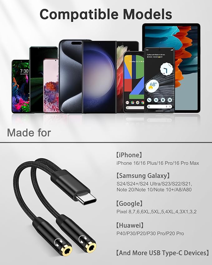 Headphone Splitter for 2 Headphones, USB C to Dual 3.5mm Female Aux Splitters - Image 7