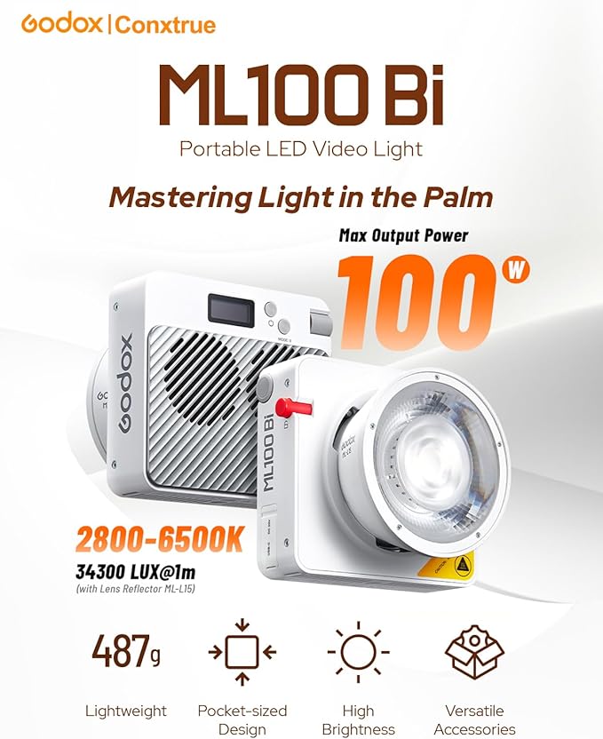Godox ML100Bi 120W Bi-Color LED Video Light, 2800K-6500K COB Continuous Output - Image 2