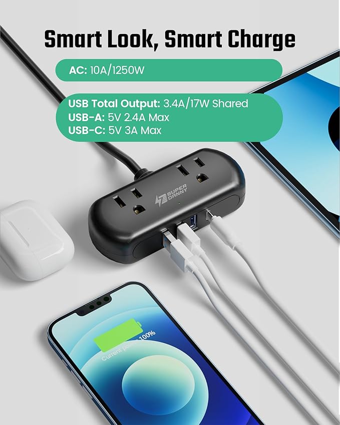 2Ft Extension Cord, SUPERDANNY Mini Surge Protector - Image 5