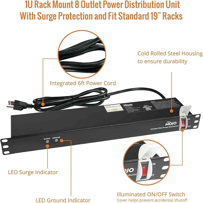 Tecmojo 1U Rack-Mount Horizontal 8-Outlet Power Strip UL Listed PDU - Image 4