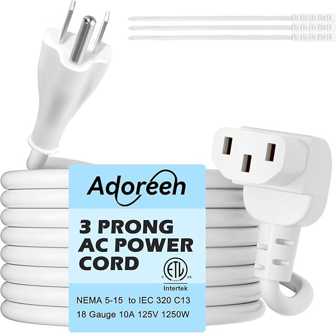 Adoreen 2 Ft Computer TV Replacement Power Cord White, 90 Degree Angled by Adoreen