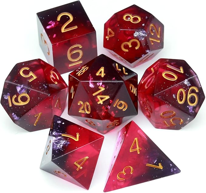 Haxtec Sharp Edge DND Dice Set Purple Red Resin Dice Silver Flakes D&D Dice by HaxtecDice