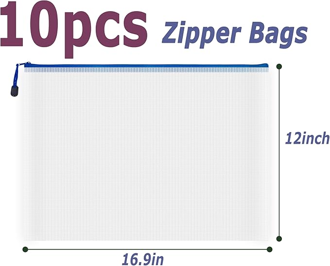 AUSTARK 10 Pcs Zipper File Bags, Waterproof Plastic Mesh Pouch - Image 2