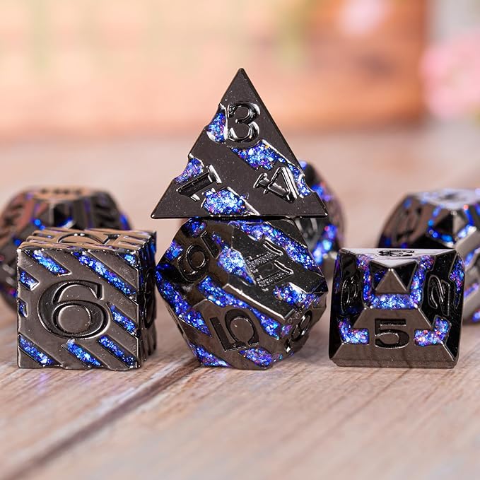 Metallic Glitter Stripes D&D Dice Set, RPG Metal Dice Set Dungeons and Dragons - Image 4