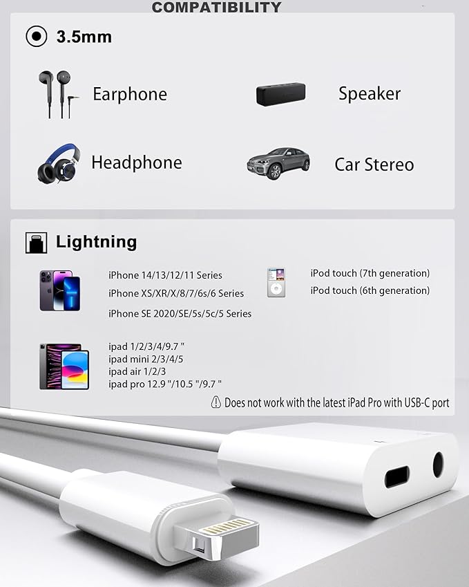 2 Pack Lightning to 3.5mm Headphone Jack Adapter, 2 in 1 Headphone Adapter Aux - Image 2