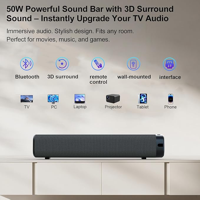 Sound Bar for Smart TV, Surround Sound System for TV – 50W Bluetooth Soundbar - Image 2