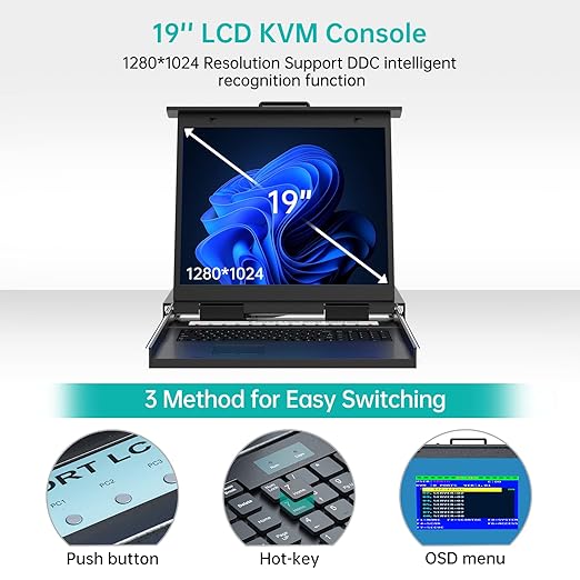 MT-VIKI 19'' LCD KVM Console, 16 Port VGA KVM Switch - Image 3