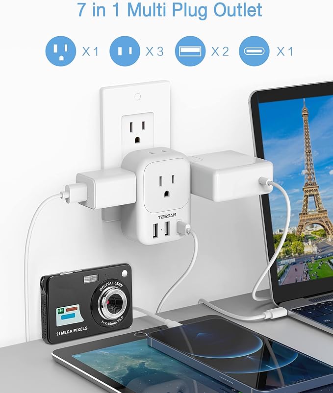 USB Wall Charger, TESSAN Wall Plug Adapter Outlet Extender, 3 Charger Block - Image 2
