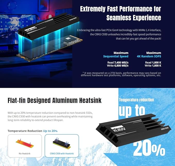 KLEVV CRAS C930 2TB M.2 2280 NVMe PCIe Gen4x4 Internal Gaming SSD Aluminium - Image 4