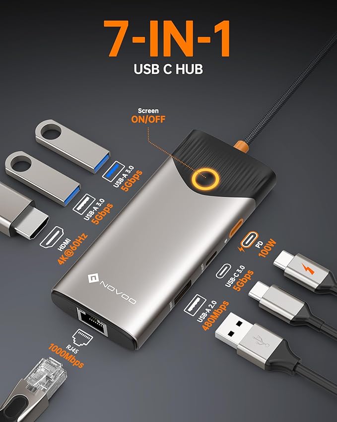 NOVOO USB C Hub Ethernet 4K@60 USB C HDMI Adapter Multiport Type C Adapter - Image 2