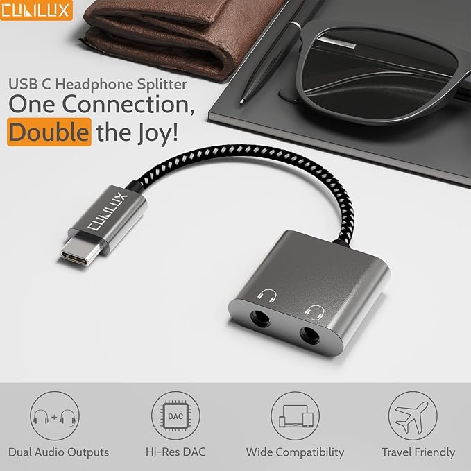 Cubilux USB C Double Headphone Splitter, Type C to Dual 3.5mm Jacks Audio - Image 2