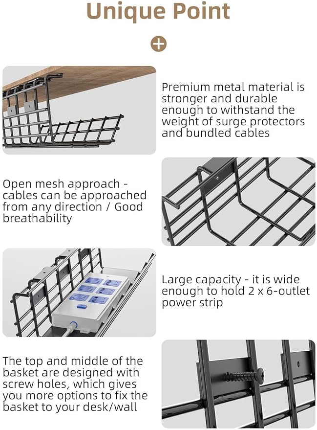 2 Pack DELAMU Under Desk Cable Management Tray, Large Metal Cord Organizer - Image 6