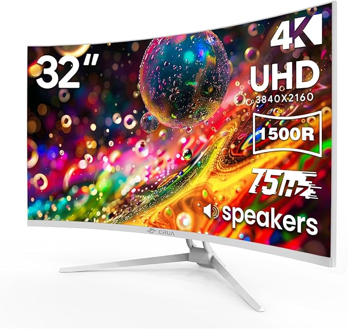 CRUA 32" White Curved Monitor, 4K UHD 1500R VA Screen, 75Hz Computer Monitor by CRUA