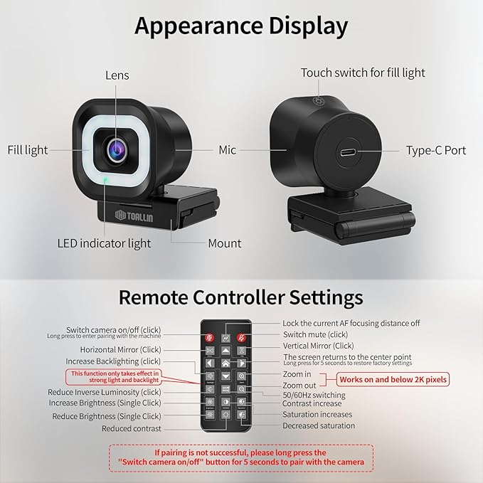 TOALLIN 4K Webcam with Ring Light, Remote Control, PDAF Auto-Focus, 1/2.5" - Image 7