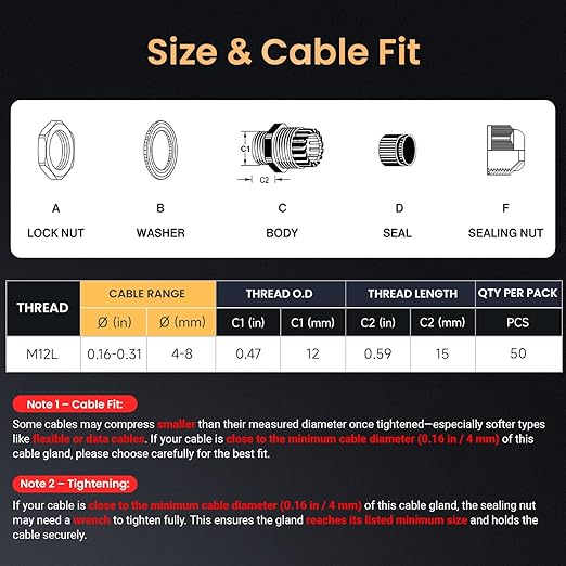 QILIPSU 50pcs M12L Long Thread Cable Gland Waterproof IP68 Nylon Strain Relief - Image 5