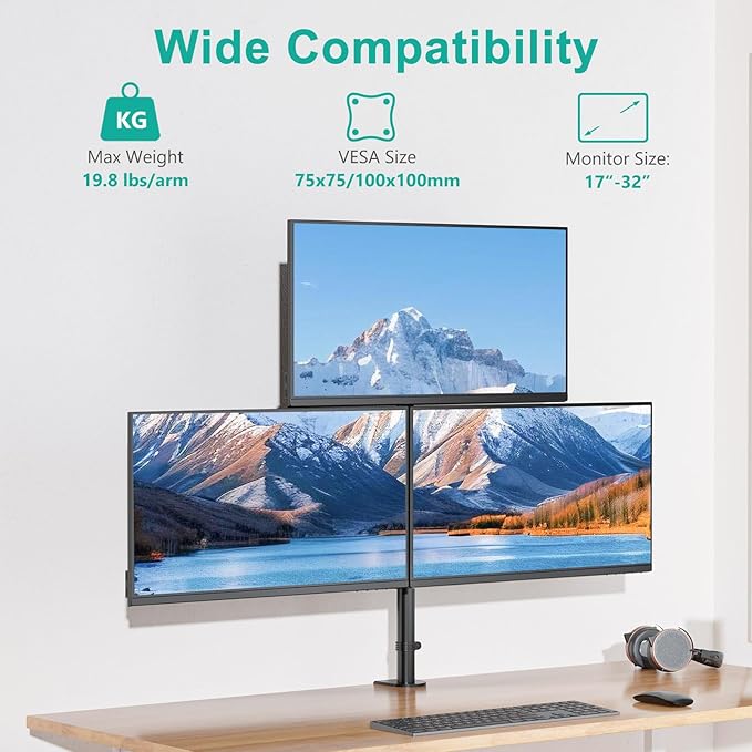 WALI Triple Monitor Mount for 13-32 inch Screens, Taller 3 Monitor Desk Mount - Image 2