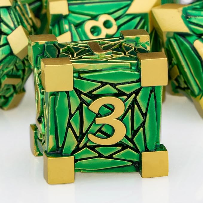 Metal DND Dice Set with Box, Debris RPG Green Golden D and D Dice - Image 3