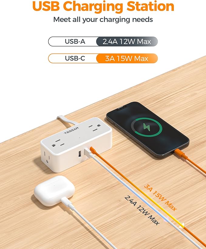Flat Extension Cord 15 FT, TESSAN Surge Protector Power Strip - Image 6