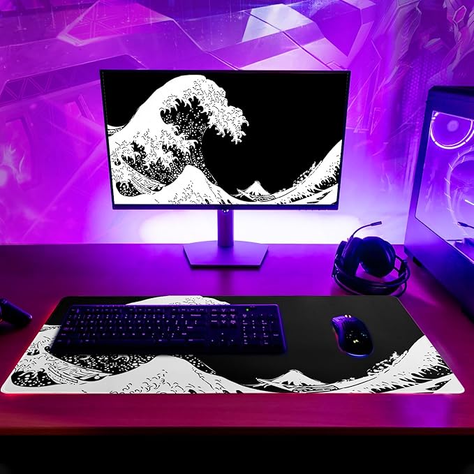 Japanese Sea Wave Large Mouse Pad, Abstract Black Gaming Mousepad, Extended - Image 6