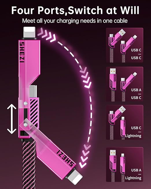 SHEZI 4-in-1 USB C Cable 60W 5FT Fast Charging Flat Nylon Braided Charger Cord - Image 2