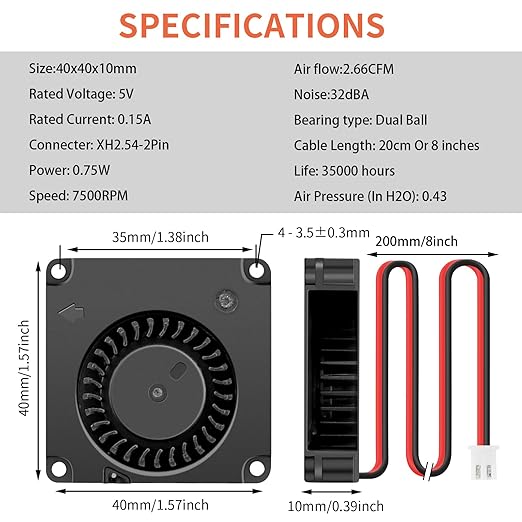 2Packs Wathai DC Blower Fan 4010 Radial Cooling Fan 5V 2 Pin DC 40mm x 10mm - Image 2