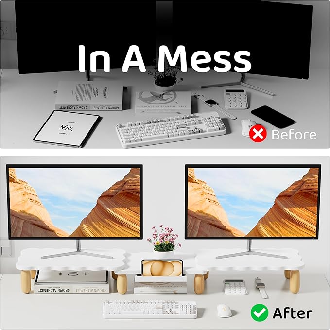 Dual Monitor Riser, Cookie-Shaped Adjustable Length & Swivel Angle, Wooden - Image 4