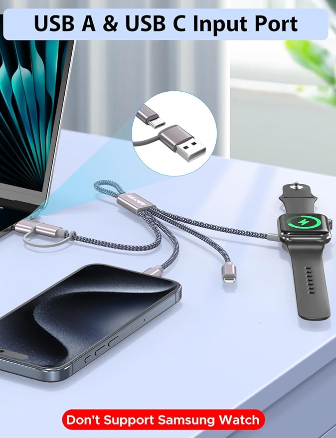 Short 8inch 3 in 2 USB C Cable for Apple Watch Charger iPhone Charger USB C - Image 2