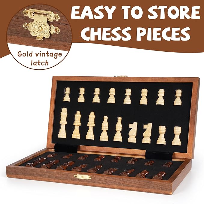 Magnetic Travel Chess Set 12-inch Wooden Magnetic Chess Board 2 Extra Queen - Image 5