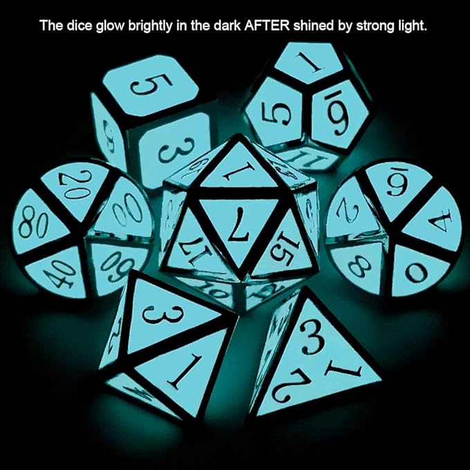 Haxtec Glow in The Dark Metal Dice Set D&D Glowing Blue Silver W/Dragon Dice - Image 3