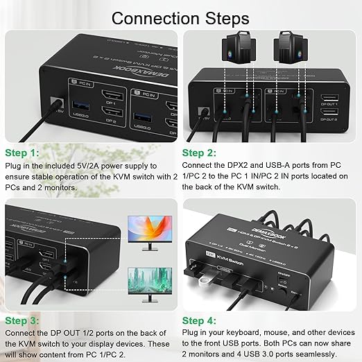 DEMEXBOOK Dual Monitor DisplayPort KVM Switch 2 Monitors 2 Computers 8K@60Hz - Image 8