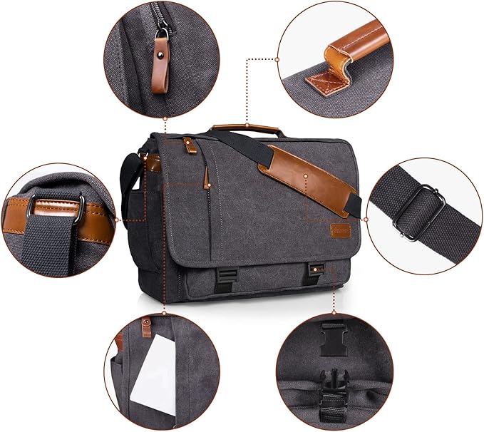 ESTARER Men Messenger Bag 17-17.3 Inch Laptop Bag Water-resistant Canvas - Image 6