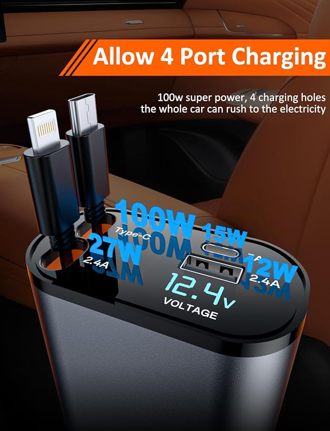 Retractable Car Charger with Dual Retractable Cords, Type-C Cable Fast Charging - Image 5