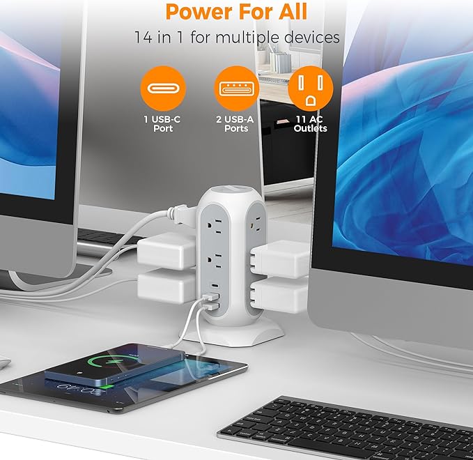 15 ft Extension Cord Tower Power Strip, 11 Outlets 3 USB Chargers, TESSAN Surge - Image 3