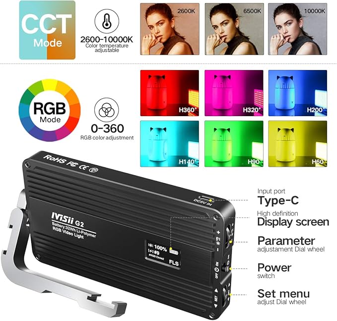G2 RGB Portable On Camera Light, Built-in 4300mAh Lithium Battery Video - Image 5