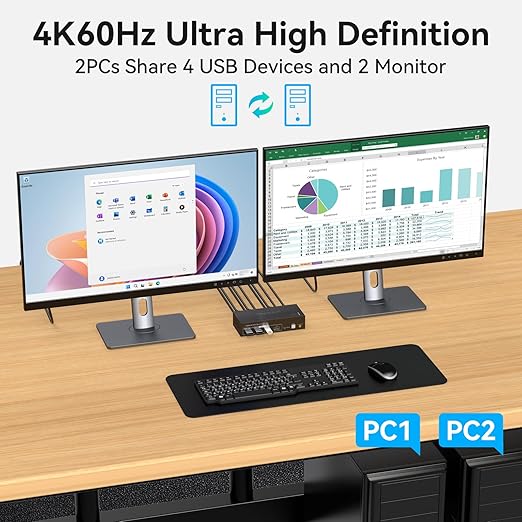 HDMI KVM Switch 2 Monitors 2 Computers 4K60Hz Dual Monitor KVM Switches - Image 4