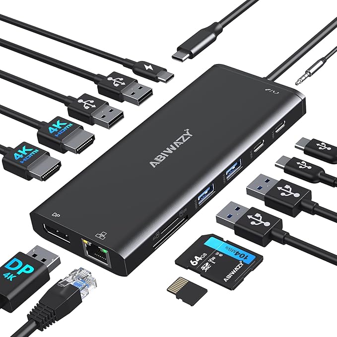 USB C Docking Station 3 Monitors USBC Hub Laptop Dual Monitor Multiport Adapter by ABIWAZY