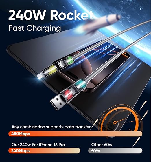 MAGIC JOHN 240W 4 in 1 Charging Cable, 4FT USB C to Lightning Cable, Chubby USB - Image 3