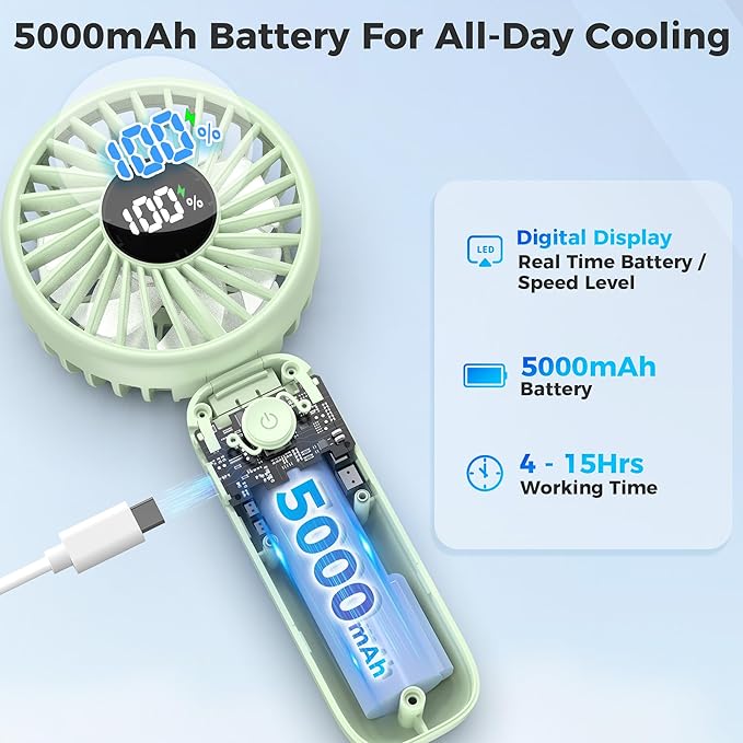 Portable Handheld Fan, 5000mAh Rechargeable Battery, Max 15H Cooling, 4 Speeds - Image 4