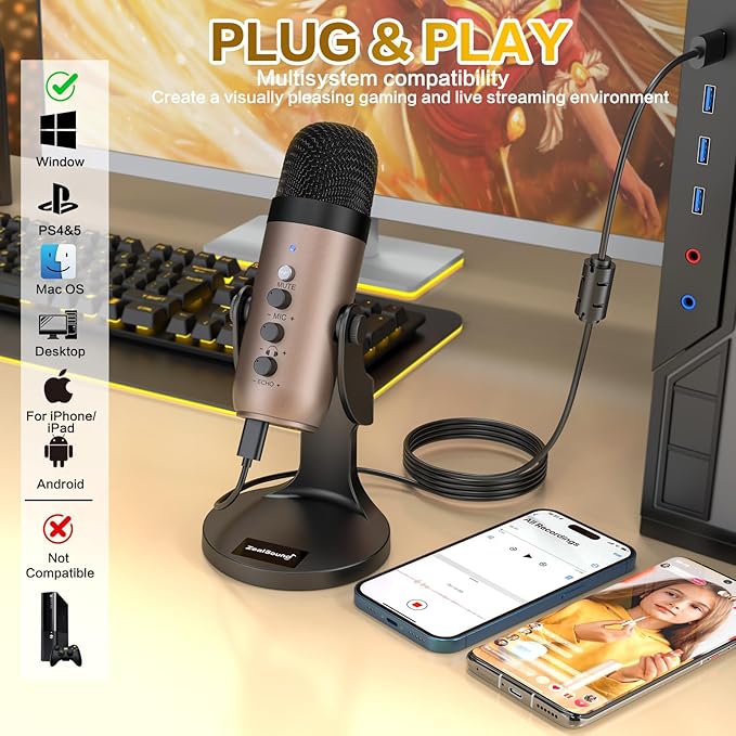 ZealSound USB Microphone, Condenser Computer PC Mic, Plug&Play Gaming - Image 2
