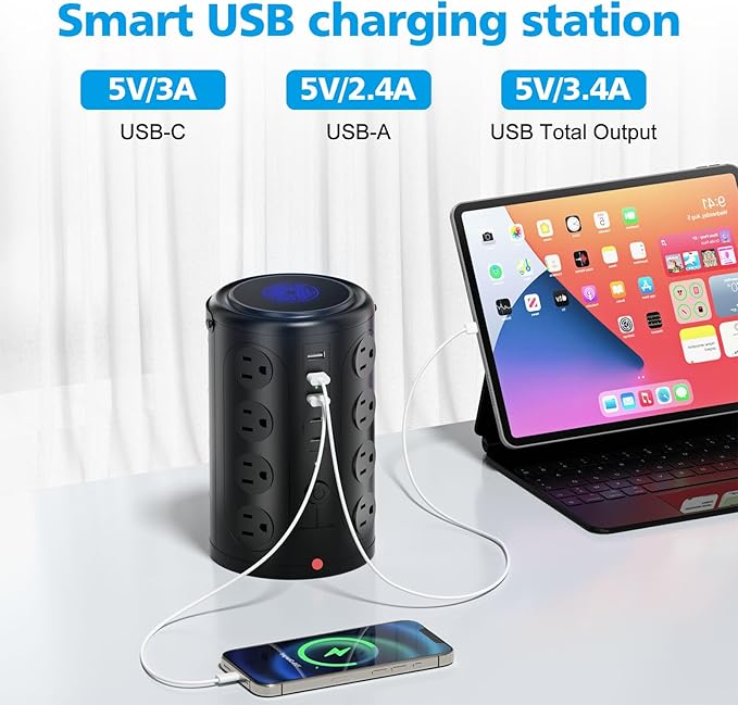 Tower Power Strip with 15W Wireless Charger, 20FT Extension Cord with Multiple - Image 4