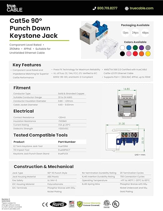 trueCABLE Cat5e Keystone Jack, Unshielded, 90 Degree Punch-Down, PoE++ 100W - Image 8