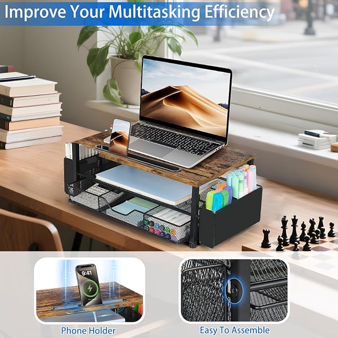 Wood Desk Organizers and Accessories, 2-Tier Computer Monitor Stand Riser - Image 4