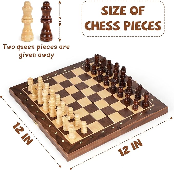 Magnetic Travel Chess Set 12-inch Wooden Magnetic Chess Board 2 Extra Queen - Image 6