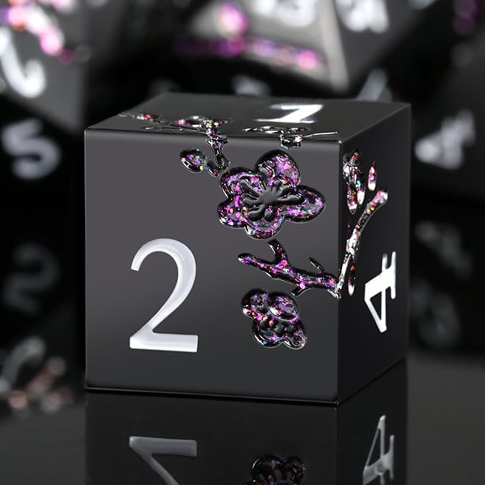 Glitter Purple Metal D&D Dice, DNDND 7 PCS Flower Metallic DND Dice Set by DNDND