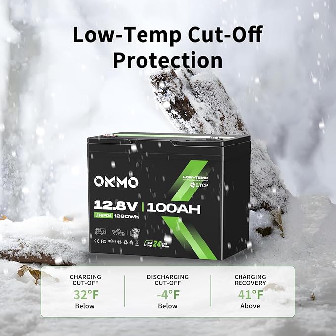 OKMO 12V 100Ah LiFePO4 Battery, Group 24 Lithium Battery 100A BMS，10 Years - Image 3