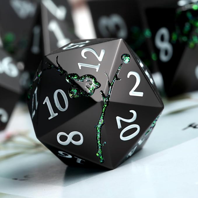 Glitter Green DND Metal Dice, DNDND 7 PCS Flower Metallic DND Dice Set - Image 2