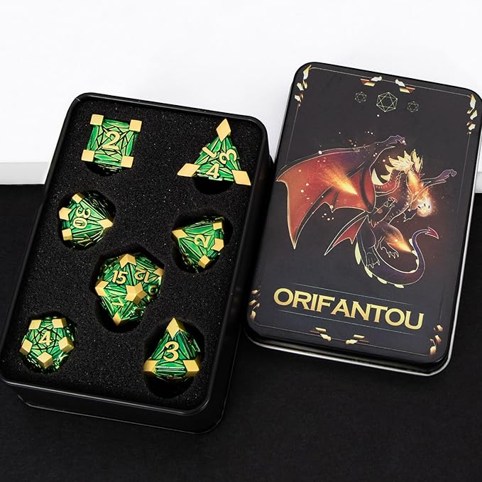 Metal DND Dice Set with Box, Debris RPG Green Golden D and D Dice - Image 6