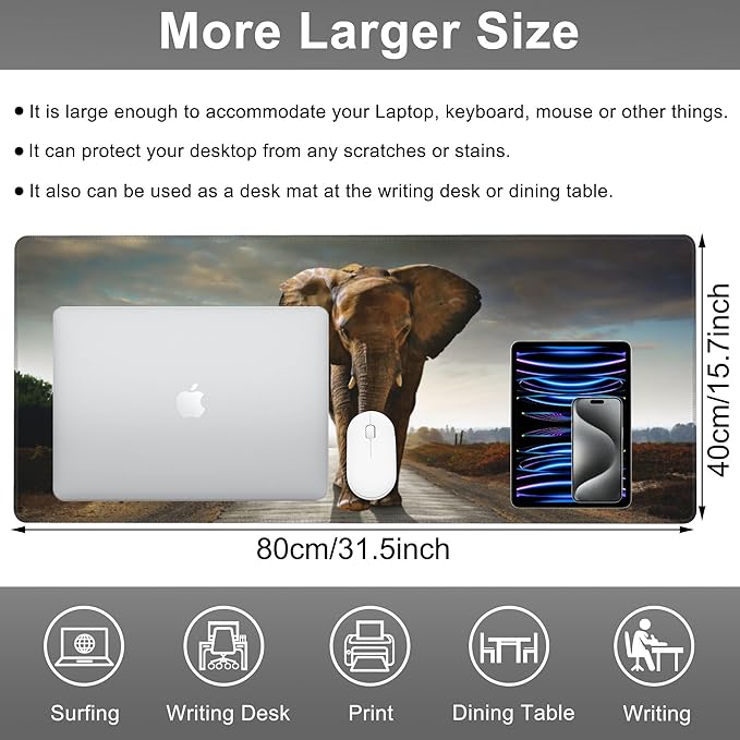 Mouse Pad, Large Walking Elephant Desk Mat, Extended Non-Slip Gaming Keyboard - Image 2